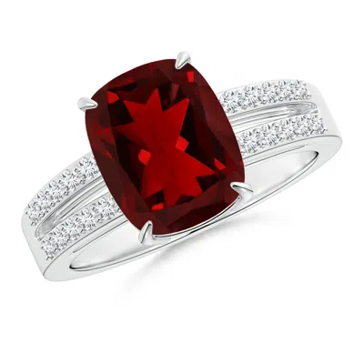 ANGARA CUSHION GARNET SPLIT SHANK RING WITH DIAMOND ACCENTS