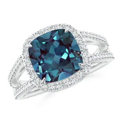 ANGARA CUSHION LAB-GROWN ALEXANDRITE SPLIT SHANK RING WITH DIAMOND HALO