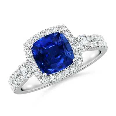 ANGARA CUSHION LAB-GROWN BLUE SAPPHIRE HALO DOUBLE SHANK ENGAGEMENT RING