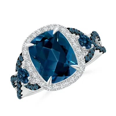 ANGARA CUSHION LONDON BLUE TOPAZ CROSSOVER RING WITH DIAMOND HALO