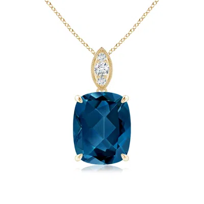 ANGARA CUSHION LONDON BLUE TOPAZ PENDANT WITH DIAMOND LEAF BALE
