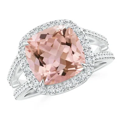 ANGARA CUSHION MORGANITE SPLIT SHANK RING WITH DIAMOND HALO
