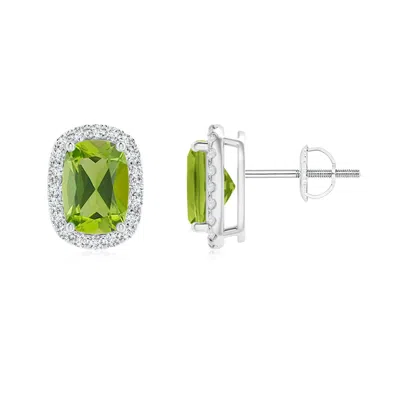 ANGARA CUSHION PERIDOT STUD EARRINGS WITH DIAMOND HALO