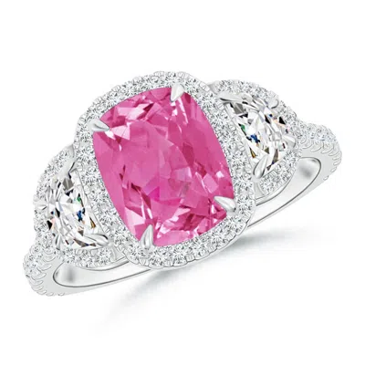 ANGARA CUSHION PINK SAPPHIRE AND HALF MOON DIAMOND HALO RING