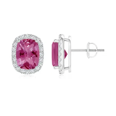 ANGARA CUSHION PINK TOURMALINE STUD EARRINGS WITH DIAMOND HALO