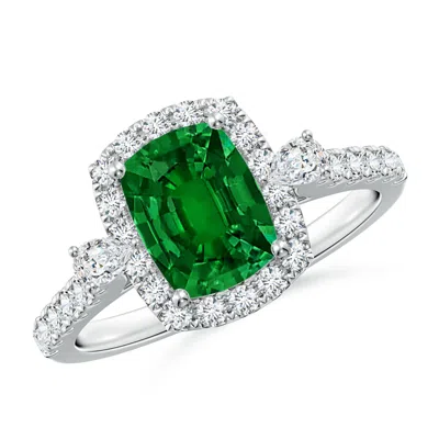 ANGARA CUSHION RECTANGULAR LAB-GROWN EMERALD HALO SIDE STONE ENGAGEMENT RING