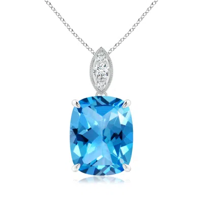 ANGARA CUSHION SWISS BLUE TOPAZ PENDANT WITH DIAMOND LEAF BALE