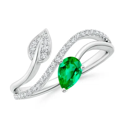 ANGARA EMERALD AND DIAMOND BYPASS RING WITH LEAF MOTIF