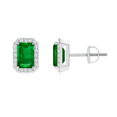 ANGARA EMERALD-CUT EMERALD STUD EARRINGS WITH DIAMOND HALO