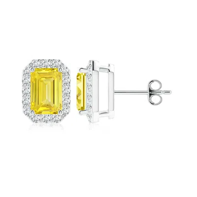 ANGARA EMERALD-CUT FANCY INTENSE YELLOW DIAMOND HALO STUD EARRINGS