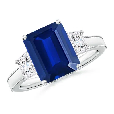 ANGARA EMERALD-CUT LAB-GROWN BLUE SAPPHIRE AND TRAPEZOID DIAMOND HIDDEN HALO ENGAGEMENT RING