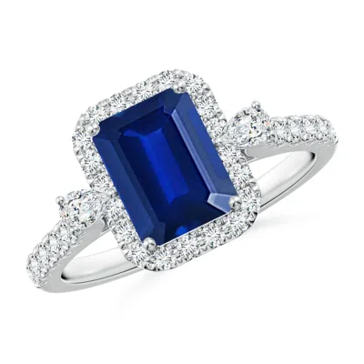 ANGARA EMERALD-CUT LAB-GROWN BLUE SAPPHIRE HALO SIDE STONE ENGAGEMENT RING
