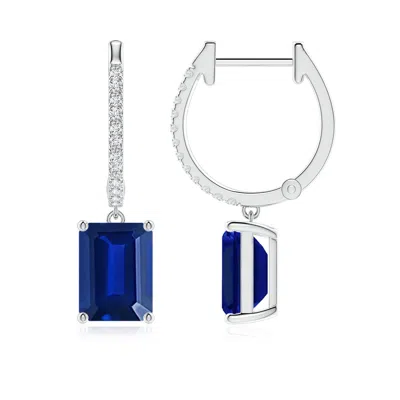 ANGARA EMERALD-CUT LAB-GROWN BLUE SAPPHIRE HOOP DROP EARRINGS WITH DIAMONDS