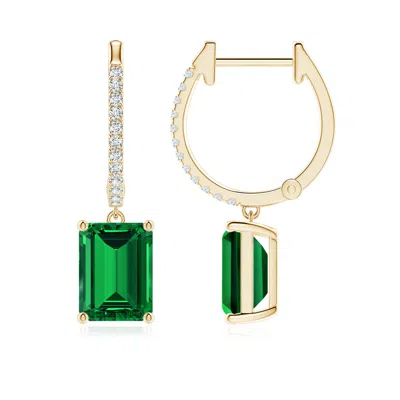 ANGARA EMERALD-CUT LAB-GROWN EMERALD HOOP DROP EARRINGS WITH DIAMONDS