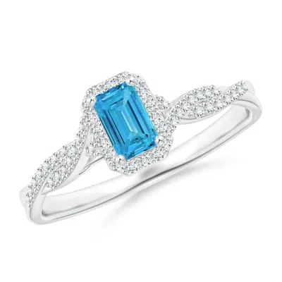 ANGARA EMERALD-CUT LAB-GROWN FANCY INTENSE BLUE DIAMOND HALO TWISTED SHANK RING