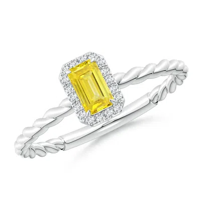 ANGARA EMERALD-CUT LAB-GROWN FANCY INTENSE YELLOW DIAMOND HALO TWISTED SHANK ENGAGEMENT RING