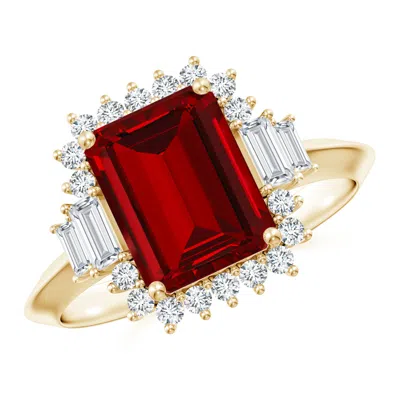 ANGARA EMERALD-CUT LAB-GROWN RUBY HALO KNIFE-EDGE SHANK ENGAGEMENT RING