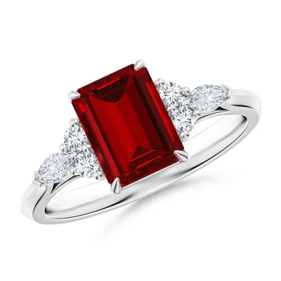 ANGARA EMERALD-CUT LAB-GROWN RUBY SIDE STONE ENGAGEMENT RING WITH DIAMONDS