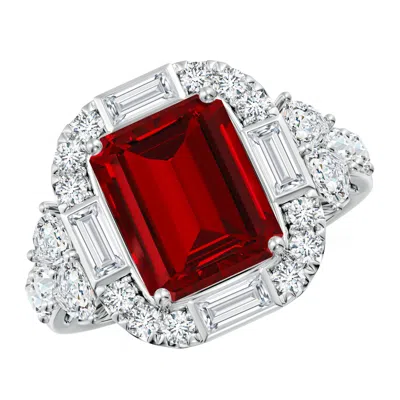ANGARA EMERALD-CUT LAB-GROWN RUBY UNIQUE HALO ENGAGEMENT RING WITH ACCENTS