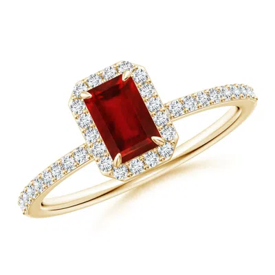 ANGARA EMERALD-CUT RUBY HALO ENGAGEMENT RING