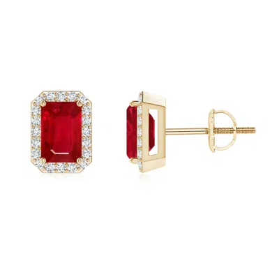 ANGARA EMERALD-CUT RUBY STUD EARRINGS WITH DIAMOND HALO