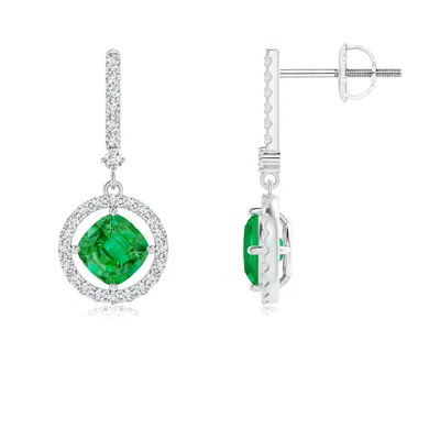 ANGARA FLOATING CUSHION EMERALD AND DIAMOND HALO DROP EARRINGS