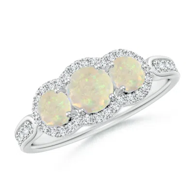 ANGARA FLOATING THREE STONE OPAL RING WITH DIAMOND HALO