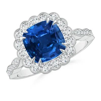 ANGARA GIA CERTIFIED CUSHION SAPPHIRE RING WITH FLORAL HALO