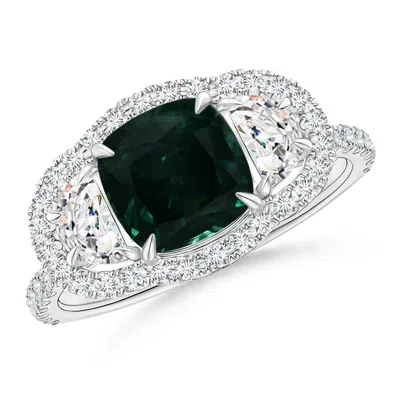 ANGARA GIA CERTIFIED CUSHION TEAL SAPPHIRE RING WITH HALF MOON DIAMONDS