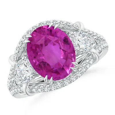 ANGARA GIA CERTIFIED OVAL PINK SAPPHIRE THREE STONE RING WITH DIAMONDS