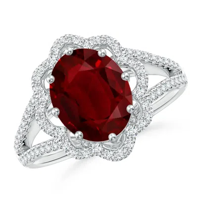 ANGARA GIA CERTIFIED OVAL RUBY FLORAL HALO SPLIT SHANK RING