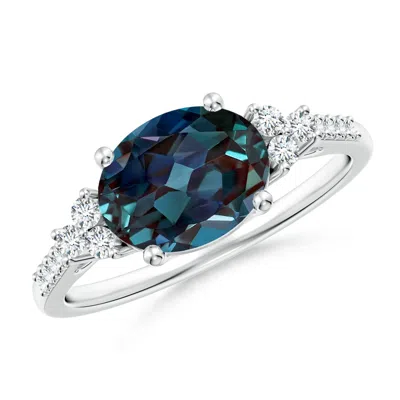 ANGARA HORIZONTALLY SET OVAL LAB-GROWN ALEXANDRITE SOLITAIRE RING WITH TRIO DIAMOND ACCENTS