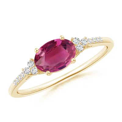 ANGARA HORIZONTALLY SET OVAL PINK TOURMALINE SOLITAIRE RING WITH TRIO DIAMOND ACCENTS