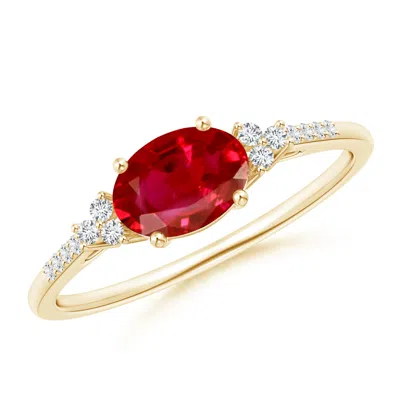 ANGARA HORIZONTALLY SET OVAL RUBY SOLITAIRE ENGAGEMENT RING WITH TRIO DIAMOND ACCENTS