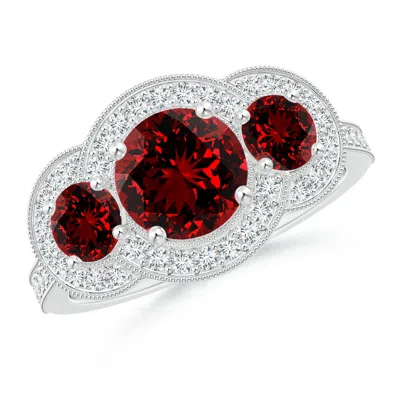 ANGARA LAB-GROWN AEON VINTAGE INSPIRED RUBY HALO THREE STONE ENGAGEMENT RING WITH MILGRAIN
