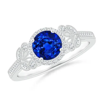 ANGARA LAB-GROWN AEON VINTAGE STYLE SAPPHIRE HALO LEAF & VINE ENGAGEMENT RING WITH MILGRAIN