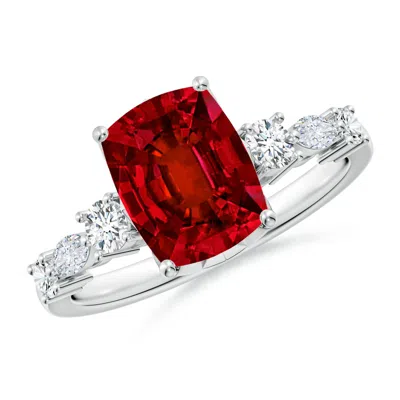 ANGARA LAB-GROWN CLASSIC CUSHION RECTANGULAR RUBY SIDE STONE ENGAGEMENT RING