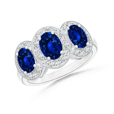 ANGARA LAB-GROWN CLASSIC THREE STONE BLUE SAPPHIRE RING WITH DIAMOND HALO