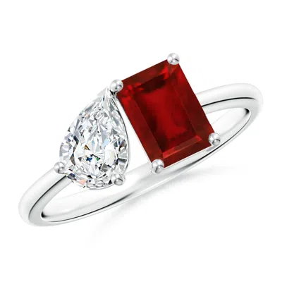 ANGARA LAB-GROWN CLASSIC TWO-STONE EMERALD-CUT RUBY & PEAR DIAMOND RING
