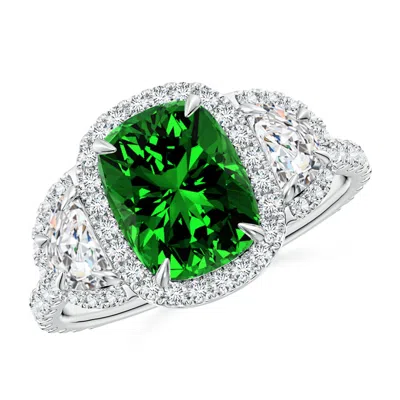 ANGARA LAB-GROWN CUSHION EMERALD AND HALF MOON DIAMOND HALO RING