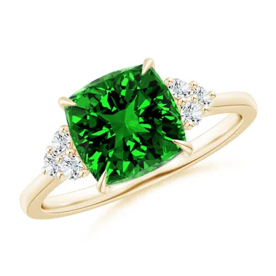 ANGARA LAB-GROWN CUSHION EMERALD ENGAGEMENT RING WITH TRIO DIAMONDS