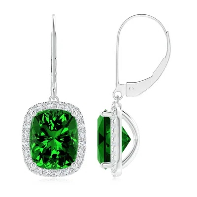 ANGARA LAB-GROWN CUSHION EMERALD LEVERBACK EARRINGS WITH LAB DIAMOND HALO