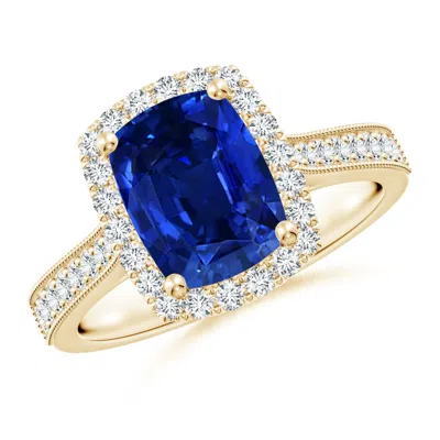 ANGARA LAB-GROWN CUSHION RECTANGULAR BLUE SAPPHIRE REVERSE TAPERED SHANK HALO ENGAGEMENT RING