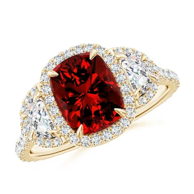 ANGARA LAB-GROWN CUSHION RUBY AND HALF MOON DIAMOND HALO RING