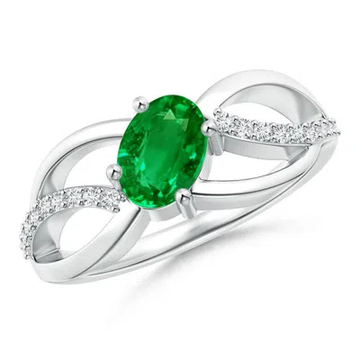 ANGARA LAB-GROWN DIAGONAL OVAL EMERALD CRISS CROSS RING WITH DIAMOND ACCENTS