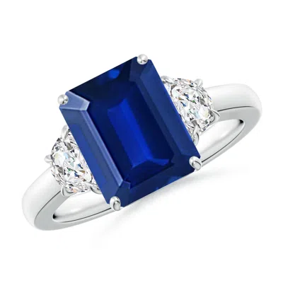 ANGARA LAB-GROWN EMERALD-CUT BLUE SAPPHIRE AND HALF MOON LAB DIAMOND THREE STONE RING