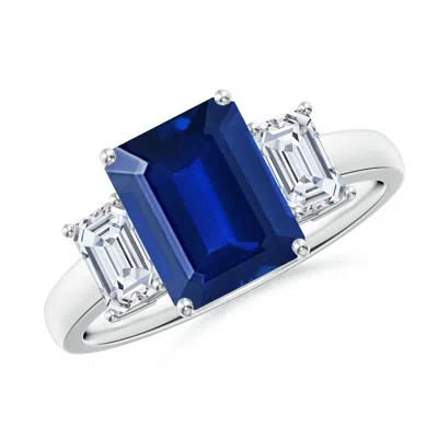 ANGARA LAB-GROWN EMERALD-CUT BLUE SAPPHIRE AND LAB DIAMOND THREE STONE RING