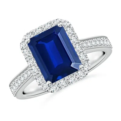 ANGARA LAB-GROWN EMERALD-CUT BLUE SAPPHIRE REVERSE TAPERED SHANK HALO ENGAGEMENT RING