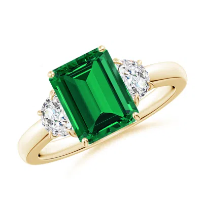 ANGARA LAB-GROWN EMERALD-CUT EMERALD AND HALF MOON LAB DIAMOND THREE STONE RING