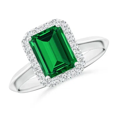ANGARA LAB-GROWN EMERALD-CUT EMERALD HALO KNIFE-EDGE SHANK ENGAGEMENT RING